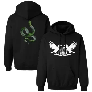 Black pullover hoodie featuring Kevin Murphy's Murder crow logo on the front and snake design on the back