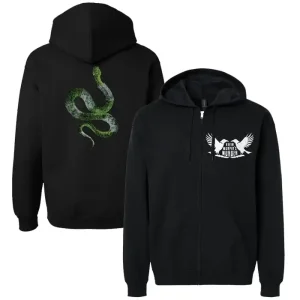 Black zip-up hoodie featuring Kevin Murphy's Murder crow logo on the front and snake design on the back